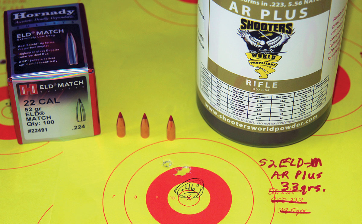 Hornady’s 52-grain ELD Match and 33 grains of Shooters World AR Plus assembled this sub-½-inch group with a velocity of 3,655 fps.